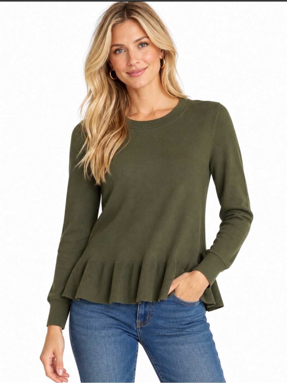 Ann Taylor Ruffle Hem Sweater in Olive Green Size Small Like New